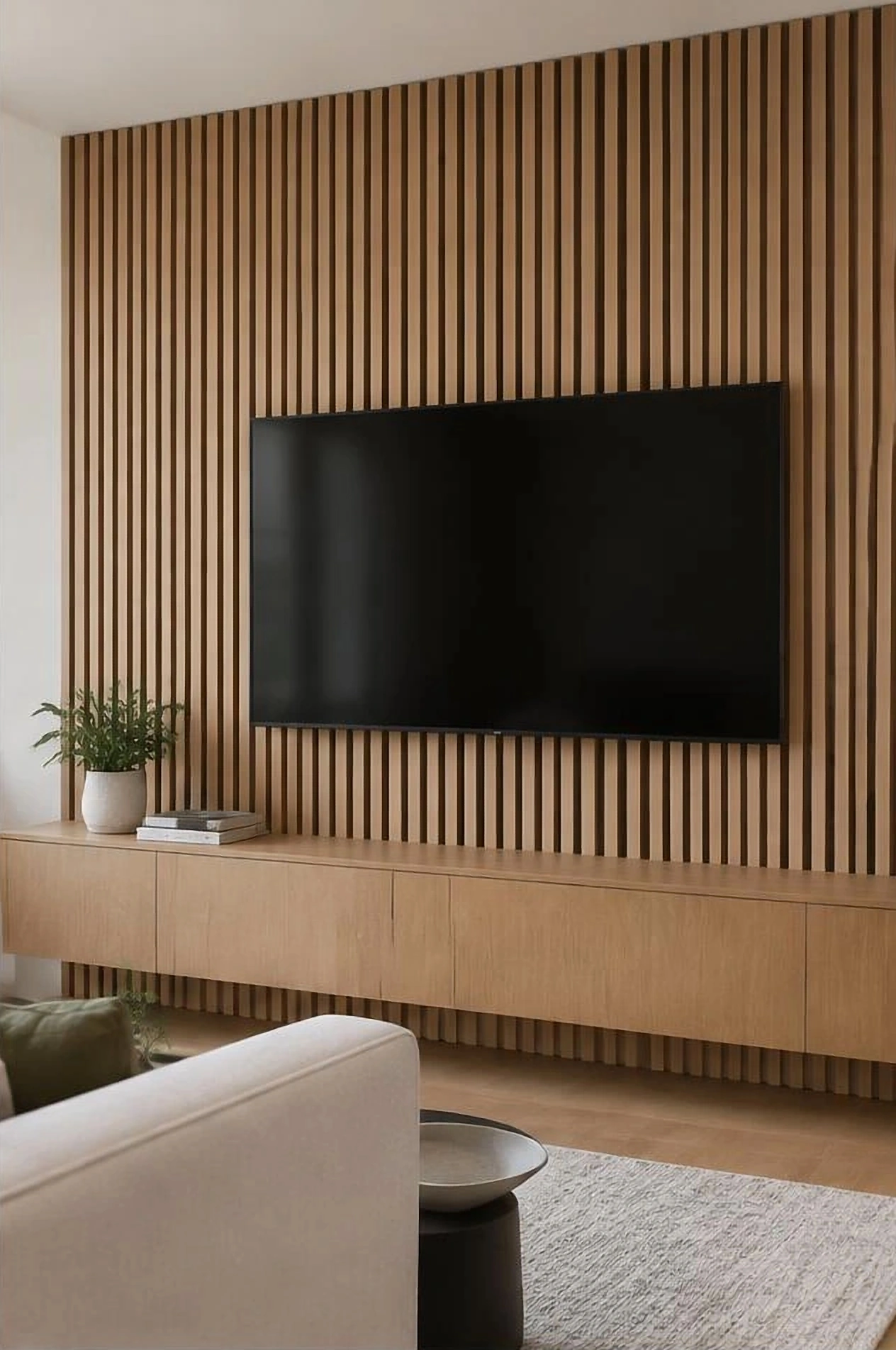 Ceviz MDF dikey lambiri kaplı TV ünitesi duvarı